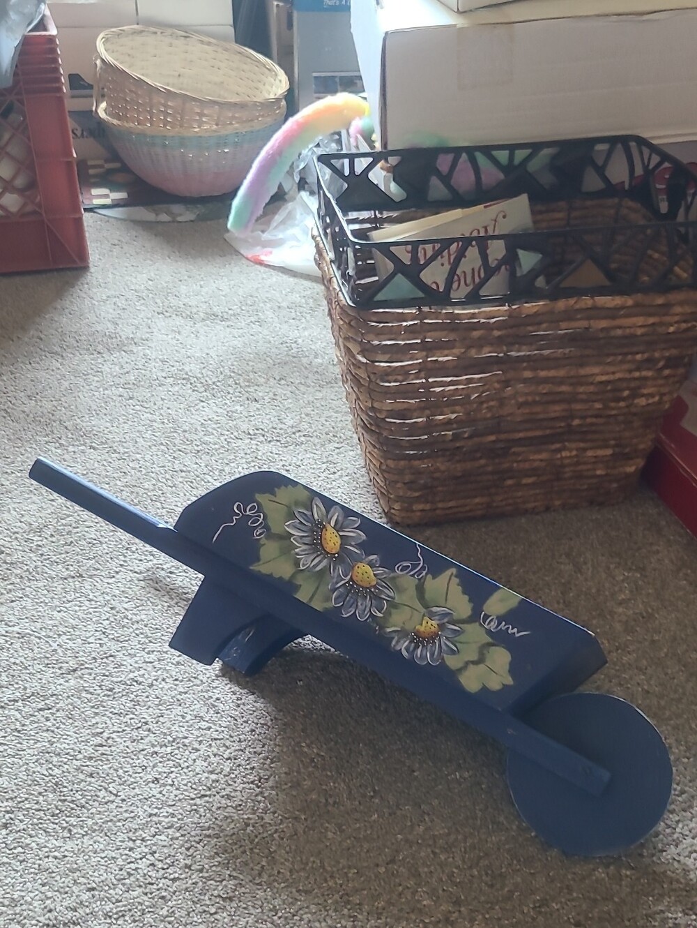 Hand-Painted Blue Decorative Wooden Wheelbarrow